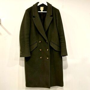 Olive green wool double breasted overcoat